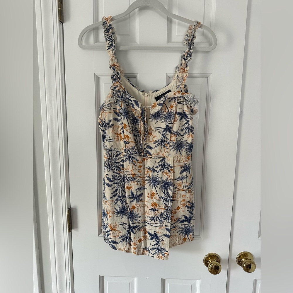 Weekend Fun Beige Multi Print Tie-Front Ruffled Skort Romper